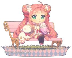  1girl absurdly_long_hair ahoge animal_ears animal_print aqua_eyes bench borrowed_character brown_cardigan bubble_tea cardigan cat cat_ears cat_girl cat_print cat_tail chibi chibi_only commentary commission dav-19 drink drinking english_commentary grass hair_ornament holding holding_drink long_hair open_cardigan open_clothes original petting pink_hair pink_shoes pink_skirt red_ribbon ribbon shoes sitting skirt solo star_(symbol) star_hair_ornament tail tank_top transparent_background twintails very_long_hair web_address white_cat white_tank_top 