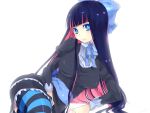 blue_eyes blue_hair bow dress hair_bow hanasaki_mahiru highres long_hair multicolored_hair panty_&amp;_stocking_with_garterbelt pink_hair simple_background solo stocking_(character) stocking_(psg) striped striped_legwear striped_thighhighs thigh-highs thighhighs two-tone_hair 