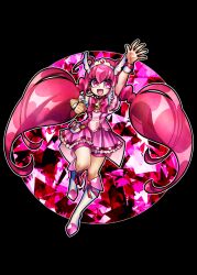  1girl black_background boots bow commentary_request cure_happy dress english_commentary hoshizora_miyuki magical_girl mixed-language_commentary open_mouth pink_bow pink_dress pink_eyes pink_hair precure senmu_(0107) simple_background smile smile_precure! solo twintails two-tone_bow wrist_cuffs 