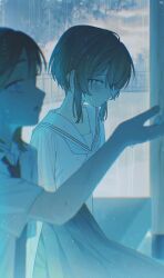  051_ogoli 2girls blue_eyes blue_neckerchief blush closed_eyes collarbone commentary_request hand_up highres implied_yuri looking_at_another looking_to_the_side multiple_girls neckerchief original outdoors pleated_skirt rain school_uniform serafuku shirt short_hair sidelocks sideways_glance sitting skirt water_drop wet wet_clothes wet_hair white_shirt 