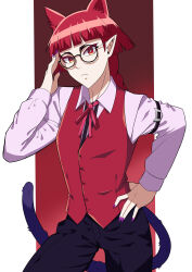  1other absurdres animal_ears arm_strap black_pants braid braided_ponytail cat_ears commentary glasses hand_on_own_hip hand_up highres mairimashita!_iruma-kun moussaka opera_(iruma-kun) pants pointy_ears purple_nails red_eyes red_hair red_vest tail vest 