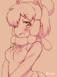  1girl :d absurdres alpaca_ears alpaca_suri_(kemono_friends) animal_ears blush breasts commentary_request extra_ears fur_collar fur_trim hair_bun hair_over_one_eye highres kemono_friends long_sleeves looking_at_viewer masuyama_ryou medium_breasts neck_ribbon open_mouth ribbon short_hair sidelocks simple_background single_hair_bun smile solo tail upper_body v_arms vest 