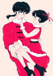  1boy 1girl black_boots blush_stickers boots bow braid chinese_clothes christmas commentary_request crop_top dress fur_trim hair_bow hand_on_another's_waist hetero hi_cha_ri highres midriff open_mouth pants pink_lips ranma_1/2 red_bow red_pants red_shirt red_skirt santa_costume santa_dress saotome_ranma saotome_ranma_(male) shirt short_hair single_braid sitting sitting_on_lap sitting_on_person skirt smile tendou_akane 