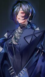  1girl absurdres blue_cloak blue_hair cloak commentary crescent crescent_earrings earrings hair_over_one_eye highres jewelry long_hair parted_lips promeia_(zenless_zone_zero) siiii_0s solo upper_body violet_eyes zenless_zone_zero 