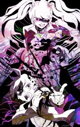  1boy 2girls ahoge bear_hair_ornament bow collared_shirt commentary danganronpa:_trigger_happy_havoc danganronpa_(series) enoshima_junko finger_to_head fingernails grin hair_ornament hand_on_own_arm highres hood hood_down hooded_jacket ikusaba_mukuro jacket long_hair long_sleeves mitsumame0810 monokuma multiple_girls naegi_makoto open_clothes open_jacket open_mouth pointing shirt short_hair smile splatter spoilers teeth third-party_source twintails upper_teeth_only 