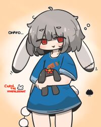  1girl animal_ears black-framed_eyewear blush brown_background commentary_request cowboy_shot ears_down glasses gradient_background grey_hair highres hugging_object looking_at_viewer original parted_lips rabbit_ears rabbit_girl rabbit_tail red_eyes ringed_eyes romaji_text sea_urchin short_eyebrows solo stuffed_animal stuffed_toy tail thick_eyebrows translation_request uni_souchou unworn_eyewear vorpal_bunny white_background 