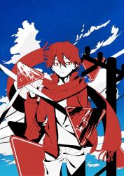  1boy blue_sky closed_mouth clouds commentary_request cowboy_shot day fringe_trim frown hair_between_eyes irone_5392 jacket kagerou_days_(vocaloid) kagerou_project kisaragi_shintarou long_sleeves looking_to_the_side male_focus open_clothes open_jacket outdoors paint_splatter pants partial_commentary partially_colored power_lines red_eyes red_hair red_jacket red_scarf road_sign scarf shirt short_hair sign sky solo_focus stop_sign track_jacket unhappy utility_pole 