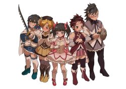  1girl 4boys agatsuma_zenitsu akemi_homura akemi_homura_(cosplay) akemi_homura_(magical_girl) ankle_boots arm_shield bare_shoulders beret black_boots black_bow black_gloves black_hair black_hat black_pantyhose black_thighhighs blonde_hair blue_boots blue_skirt blue_streaks blush boots bow bubble_skirt cape capelet chest_jewel choker closed_mouth color_connection commentary corset cosplay cross-laced_shoes crossdressing crossdressing_(mtf) detached_sleeves dress dress_bow fingerless_gloves full_body gloves gohanha118 green_eyes grey_capelet grey_ribbon grey_skirt grey_sleeves grin gun hair_bow hair_color_connection hand_on_own_hip hashibira_inosuke hat highres holding holding_gun holding_sword holding_weapon holy_quintet kamado_tanjirou kaname_madoka kaname_madoka_(cosplay) kaname_madoka_(magical_girl) kimetsu_no_yaiba kishimen_hair knee_boots long_hair long_sleeves looking_at_object looking_at_self magical_girl mahou_shoujo_madoka_magica mahou_shoujo_madoka_magica_(anime) male_focus medium_hair miki_sayaka miki_sayaka_(cosplay) miki_sayaka_(magical_girl) mohawk multicolored_hair multiple_boys neck_ribbon nervous_sweating open_mouth pantyhose pink_bow pink_choker pink_eyes puffy_short_sleeves puffy_sleeves red_boots red_eyes red_hair red_shoes ribbed_thighhighs ribbon sakura_kyoko sakura_kyoko_(cosplay) sakura_kyoko_(magical_girl) scar scar_on_face scar_on_forehead scar_on_nose shinazugawa_genya shirt shoes short_hair short_sleeves showgirl_skirt simple_background skirt smile standing streaked_hair sweat sword thigh-highs tomoe_mami tomoe_mami_(cosplay) tomoe_mami_(magical_girl) tsuyuri_kanao twintails weapon weapon_connection white_background white_cape white_gloves white_shirt white_thighhighs yellow_eyes yellow_skirt 