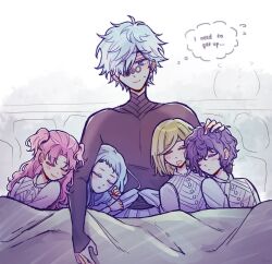  1boy 4girls age_difference agott_arklaum_(tongari_boushi_no_atelier) blonde_hair blue_eyes blue_hair blush child coco_(tongari_boushi_no_atelier) commentary drooling english_commentary glasses highres long_hair multiple_girls pink_hair purple_hair qifrey_(tongari_boushi_no_atelier) richeh_(tongari_boushi_no_atelier) short_hair sleeping speech_bubble sweatdrop tetia_(tongari_boushi_no_atelier) thought_bubble toastyy tongari_boushi_no_atelier tunic white_hair 
