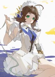  1girl ahoge artist_name bandaged_arm bandages braid brown_hair closed_mouth commentary coppelia_(reverse:1999) dress feet_out_of_frame fugu_(user_nhef2233) green_eyes hand_up highres low_twin_braids mechanical_arms official_alternate_costume prosthesis prosthetic_arm reverse:1999 short_dress short_hair short_sleeves single_mechanical_arm sitting solo twin_braids untranslatable_commentary veil white_background white_dress white_veil yokozuwari 