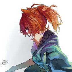  1girl agnes_tachyon_(boundless_laboratory)_(umamusume) agnes_tachyon_(umamusume) ahoge animal_ears basketball_jersey blue_jacket breasts brown_hair commentary_request hair_between_eyes highres horse_ears horse_girl jacket jacket_partially_removed jersey medium_hair official_alternate_costume open_clothes open_jacket ponytail red_eyes rinka_(tonariuta) simple_background solo umamusume white_background white_jersey 