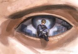  1boy aegyo_sal black_gloves black_vest blue_shirt close-up closed_eyes collared_shirt curled_up eva0951120 eye_focus fingerless_gloves gloves highres hugging_own_legs knee_pads leon_s._kennedy long_sleeves male_focus resident_evil resident_evil_2 resident_evil_requiem shirt shoulder_pads undershirt vest white_shirt 