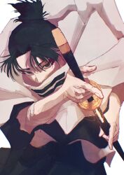  1boy absurdres black_eyes black_hair cloak commentary covered_mouth eyeliner highres holding holding_sword holding_weapon iaidou impasto kagurabachi katana kumeyuri_(sword) kuromakigaeru looking_at_viewer makeup male_focus painterly red_eyeliner sheath short_hair simple_background solo sparks sword topknot unsheathing uruha_youji weapon white_background 