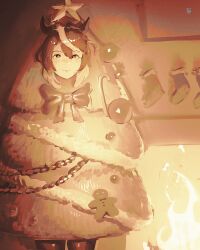  1girl absurdres christmas christmas_tree fire fireplace_tool_stand hfsean2 highres horse_girl medium_hair merry_christmas solo symboli_rudolf_(christmas_emperor_tree)_(umamusume) symboli_rudolf_(umamusume) umamusume 