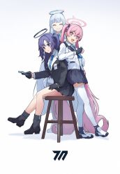  3girls aqua_necktie azusaec black_gloves black_jacket black_suit blue_archive blue_eyes blue_hair blue_necktie breasts closed_eyes collared_shirt commentary_request full_body gloves hair_between_eyes hair_ornament half_gloves halo headgear headphones highres jacket koyuki_(blue_archive) large_breasts light_blush long_hair long_sleeves looking_at_viewer mechanical_halo multiple_girls necktie noa_(blue_archive) open_clothes open_jacket open_mouth pink_eyes pink_hair pink_halo purple_hair school_uniform shirt sidelocks simple_background smile sparkling_eyes suit triangle_hair_ornament two-sided_fabric two-sided_jacket two_side_up very_long_hair violet_eyes white_background white_hair white_halo white_jacket white_shirt white_suit yuuka_(blue_archive) 