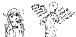  1boy 1girl 67_(meme) :p closed_mouth futaba_anzu hands_up idolmaster idolmaster_cinderella_girls jacket long_hair meme necktie p-head_producer pafwkuto print_shirt producer_(idolmaster) profanity shirt simple_background sketch smile t-shirt tongue tongue_out v-shaped_eyebrows white_background 