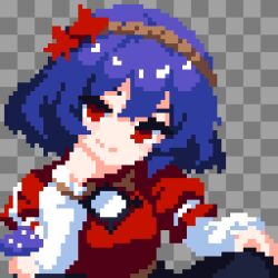  1girl blush breasts commentary_request hair_ornament hat highres long_sleeves pixel_art purple_hair red_eyes rope shimenawa shirt short_hair skirt smile takeez3 touhou yasaka_kanako 