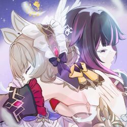  2girls baeksansan columbina_(genshin_impact) commentary_request fatui_coat genshin_impact head_wings headdress highres hug multiple_girls sandrone_(genshin_impact) sitting_on_shoulder watermark white_wings wings yuri 