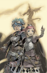  1boy 1girl absurdres akiman aqua_hair armor blue_eyes commentary_request couple crown dagger dragon fantasy goggles goggles_on_head hetero highres knife original pointing pointy_ears red_hair revision scar sheath sword unsheathing weapon 