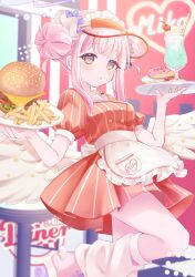  1girl :o absurdres alternate_costume americana apron back_bow bar_stool black_scrunchie blue_archive bow burger buttons character_name cherry clothes_writing commentary diner double-breasted double_bun doughnut dress food french_fries frilled_apron frills fruit hair_bun hair_ornament hair_scrunchie highres holding holding_plate leg_up leg_warmers long_hair looking_at_viewer low_wings melon_soda mika_(blue_archive) multicolored_eyes neon_sign nifuji pink_hair pink_shoes plate puffy_short_sleeves puffy_sleeves red_dress roller_skates scrunchie shoes short_sleeves sidelocks skates solo standing standing_on_one_leg stool striped_clothes striped_dress two-tone_eyes vertical-striped_clothes vertical-striped_dress violet_eyes visor_cap waist_apron waitress white_apron white_bow white_leg_warmers white_wings wing_ornament winged_shoes wings yellow_eyes 