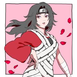  1girl bandaged_arm bandages border breasts close-up dress eyeshadow falling_petals floating_hair forehead_protector grey_hair highres konohagakure_symbol lipstick long_hair looking_to_the_side makeup naruto_(series) petals pink_background purple_eyeshadow red_eyes red_lips single_sleeve small_breasts upper_body uri_geikon white_border yuuhi_kurenai 