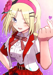  1girl blonde_hair blue_eyes commentary_request epaulettes flower hair_ornament hairband hairpin heart heaven_burns_red highres minase_ichigo minase_ichigo_(knockout_showstopper) one_eye_closed open_clothes open_mouth red_flower red_rose rose short_hair snapping_fingers toyatopa upper_body 