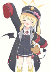 armband bare_legs black_coat black_ribbon blonde_hair blue_archive blush boots bow closed_eyes coat collared_shirt commentary_request crime_prevention_buzzer demon_tail dress facing_viewer gold_buttons gold_medal halo happy hat highres ibuki_(blue_archive) loli long_sleeves low_wings medium_hair nisan_ga6 peaked_cap pinafore_dress pink_bow red_ribbon ribbon school_uniform shirt side_ponytail simple_background sleeveless sleeveless_dress sleeves_past_fingers sleeves_past_wrists stuffed_animal stuffed_toy tail teddy_bear waving white_background white_shirt wings yellow_boots