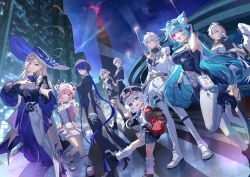  2boys 6+girls absurdres angel_wings animal_ear_fluff animal_ears aqua_hair baicang_(neverness_to_everness) black_bodysuit black_hair black_jacket black_pants black_shoes black_skirt blonde_hair blue_eyes blue_hair bodysuit cat_ears cat_girl cat_tail chiz_(neverness_to_everness) cropped_jacket cropped_shirt daffodill_(neverness_to_everness) fang female_esper_zero_(neverness_to_everness) grey_hair hair_over_one_eye hathor_(neverness_to_everness) high_heels highres horns jacket jiuyuan_(neverness_to_everness) looking_at_viewer male_esper_zero_(neverness_to_everness) mint_(neverness_to_everness) multicolored_hair multiple_boys multiple_girls na_ro_12 neverness_to_everness open_mouth pants pink_eyes pink_streaks ponytail sakiri_(neverness_to_everness) shirt shoes short_hair_with_long_locks single_horn single_wing skin_fang skirt smile streaked_hair tail thigh-highs two-tone_hair violet_eyes white_shirt white_thighhighs wings 