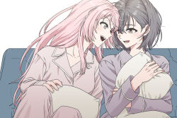  2girls bang_dream! bang_dream!_it's_mygo!!!!! blush brown_eyes chihaya_anon commentary couch fangs grey_eyes grey_hair grey_shirt highres hugging_object korean_commentary long_hair lower_teeth_only multiple_girls nagseojang open_mouth pajamas pillow pink_hair pink_shirt shirt short_hair simple_background takamatsu_tomori teeth upper_teeth_only white_background 