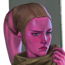  1girl alien brown_hat colored_skin devon_izara green_eyes hat highres lekku_(anatomy) pink_skin portrait solo star_wars star_wars:_maul_-_shadow_lord twi'lek vtoryart 