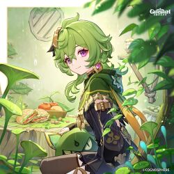  1girl absurdres black_dress black_thighhighs capelet collei_(genshin_impact) commentary copyright_name dress english_commentary food genshin_impact green_capelet green_hair highres long_hair looking_at_viewer official_art sitting smile thigh-highs violet_eyes 