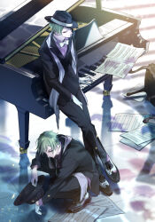  2boys black_suit brothers commentary_request floyd_leech full_body grand_piano green_eyes green_hair hat highres instrument jade_leech kiosque looking_at_viewer male_focus multiple_boys octavinelle_dorm_uniform on_piano piano refraction sheet_music short_hair siblings sitting sitting_on_piano suit twins twisted_wonderland 