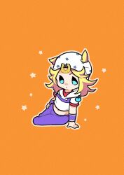  1boy absurdres arm_warmers beanie blonde_hair blue_eyes chibi chibi_only commentary english_commentary hair_horns hand_on_own_hip hat highres hood hood_down hoodie horseshoe_hat_ornament horseshoe_ornament johnny_joestar jojo_no_kimyou_na_bouken m_a_a_m_8 male_focus medium_hair midriff orange_background pants purple_arm_warmers purple_pants red_sleeves short_sleeves sitting solo star_(symbol) star_print steel_ball_run two-tone_sleeves white_hat white_hoodie white_sleeves yokozuwari 