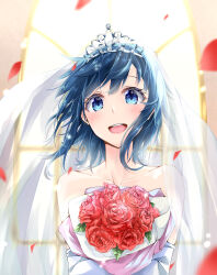  1girl bridal_veil collarbone commentary_request dress elbow_gloves flower gloves highres indoors looking_at_viewer make_heroine_ga_oo_sugiru! open_mouth portrait red_flower red_rose rose see-through_clothes see-through_veil smile solo teeth upper_body upper_teeth_only veil wedding wedding_dress white_gloves white_tiara white_veil xxxx yanami_anna 