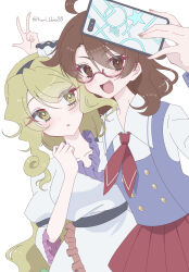  ahoge amami_idora88 ascot blonde_hair cellphone collared_shirt commentary highres holding holding_phone medium_hair phone purple_vest red-framed_eyewear red_ascot school_uniform selfie semi-rimless_eyewear shirt smartphone touhou under-rim_eyewear usami_sumireko v vest watari_nina white_shirt yellow_eyes 