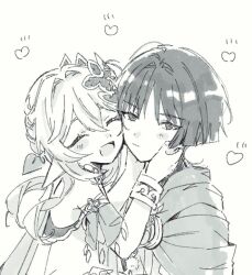  1boy 1girl armlet blunt_ends blush_stickers bracelet braid cape cheek-to-cheek closed_mouth commentary_request detached_sleeves dress eyelashes facing_another genshin_impact greyscale hair_between_eyes hair_intakes hair_ornament half_crown_braid hand_on_another's_face hand_up happy heads_together heart hetero jewelry leaf leaf_hair_ornament looking_at_viewer monochrome nahida_(genshin_impact) onigiri_po_0205 open_mouth pointy_ears pom_pom_(clothes) scaramouche_(genshin_impact) side_cape wanderer_(genshin_impact) wispy_bangs 