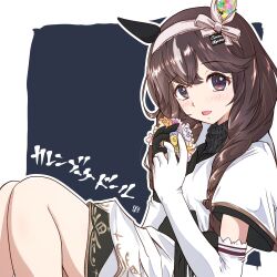  1girl animal_ears asymmetrical_gloves black_sweater blush braid braided_sidelocks breasts brown_hair commentary_request curren_bouquetd'or_(racing)_(umamusume) curren_bouquetd'or_(umamusume) dress ear_covers elbow_gloves flower gloves grey_eyes hair_between_eyes hair_ornament hairband highres holding holding_flower horse_ears horse_girl long_braid long_hair looking_at_viewer low_twin_braids mismatched_ear_covers mismatched_gloves multicolored_hair open_mouth panch4989new sidelocks solo streaked_hair sweater twin_braids umamusume white_dress white_streaks 