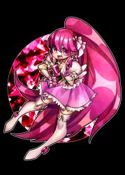  1girl aino_megumi black_background boots bow commentary_request cure_lovely english_commentary hair_ornament happinesscharge_precure! heart heart_hair_ornament index_finger_raised magical_girl mixed-language_commentary open_mouth pink_bow pink_eyes pink_hair ponytail precure senmu_(0107) simple_background smile solo thigh_boots 