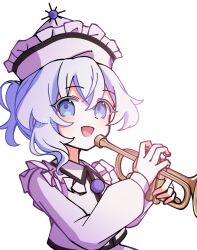  1girl blue_eyes blue_hair commentary_request frilled_hat frills hair_between_eyes hat highres holding holding_instrument holding_trumpet illust_atelier3 instrument long_sleeves looking_at_viewer medium_hair merlin_prismriver one-hour_drawing_challenge open_mouth pink_hat pink_vest signature smile solo touhou trumpet vest 