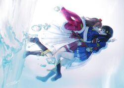  2girls :d :o aijo_karen air_bubble arm_around_neck arms_up back_bow belt black_boots black_hair bloom blue_eyes blue_jacket blue_skirt boots bow brown_eyes brown_hair bubble commentary_request crown curled_fingers eye_contact face-to-face fur-trimmed_jacket fur_trim hair_ornament highres hug jacket jacket_on_shoulders kagura_hikari leaning_back leaning_on_person leg_up long_hair long_sleeves looking_at_another medium_hair mini_crown multiple_girls open_mouth outstretched_arm pleated_skirt red_bow red_jacket red_sash red_skirt sash shoujo_kageki_revue_starlight shoulder_sash sideways single_horizontal_stripe skirt smile sparkle_hair_ornament striped_clothes striped_skirt submerged suito tassel teeth two_side_up underwater upper_teeth_only waist_cape white_background white_sash yellow_belt yellow_trim 