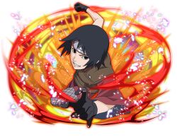  1girl black_eyes black_gloves black_hair brown_jacket clenched_hand dress fishnet_pantyhose fishnets flak_jacket forehead_protector gloves grin iwagakure_symbol jacket kurotsuchi_(naruto) looking_at_viewer naruto_(series) naruto_shippuuden naruto_shippuuden:_ultimate_ninja_blazing official_art pantyhose red_dress short_hair sleeveless sleeveless_jacket smile solo 