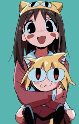  <|>_<|> 2girls :3 :d animal_ear_fluff animal_ears aqua_background azumanga_daioh azumanga_daioh's_school_uniform black_eyes blonde_hair blush_stickers brown_hair cat_ears cat_girl character_hat chibi cowboy_shot crossover hug kasuga_ayumu long_hair long_sleeves looking_at_viewer melty_blood moyosan multiple_girls neco-arc neco_spirit open_mouth red_eyes red_skirt sailor_collar school_uniform simple_background skirt smile tsukihime white_sailor_collar 