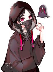  1girl black_hair black_hoodie braid chibi chibi_inset commentary_request fate/grand_order fate/strange_fake fate_(series) highres hood hood_up hoodie long_hair long_sleeves looking_at_viewer mask mouth_mask no_name_assassin_(fate) official_alternate_costume puffy_long_sleeves puffy_sleeves red_eyes simple_background solo twin_braids upper_body white_background yui_(tamagohan) 