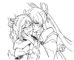  2girls animal_ears blush cho_kaguya-hime! closed_eyes fox_ears fox_girl fox_tail greyscale hair_ornament hair_rings hair_stick hand_on_another's_cheek hand_on_another's_face highres japanese_clothes kimono monochrome multiple_girls open_mouth pom_dovu runami_yachiyo sakayori_iroha sketch sweat tail twintails yuri 