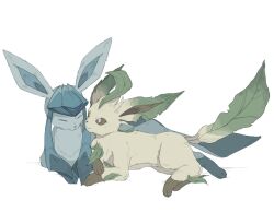  :3 animal_focus avocado_539 blue_eyes blue_fur bright_pupils brown_eyes brown_fur full_body glaceon green_fur leaf leafeon looking_at_another lying no_humans pokemon pokemon_(creature) pokemon_focus simple_background white_background white_pupils yellow_fur 