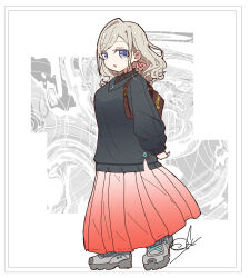  1girl abstract_background absurdres alternate_costume backpack bag black_shirt black_sweater blue_eyes breasts brown_bag ceras_yanagida_lilienfeld collared_shirt commentary_request gradient_clothes gradient_skirt grey_hair grey_shoes hair_ribbon highres large_breasts long_hair long_skirt long_sleeves looking_at_viewer love_live! love_live!_hasu_no_sora_jogakuin_school_idol_club oofushi_ao orange_skirt pink_ribbon pleated_skirt puffy_long_sleeves puffy_sleeves ribbon shirt shoes skirt sneakers solo sweater virtual_youtuber wavy_hair 