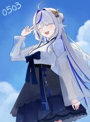  1girl :d absurdres ahoge aokumo_rin blue_hair blue_ribbon blue_skirt blue_sky blue_streaks blush closed_eyes clouds cloudy_sky dated dated_commentary hair_ornament hand_up highres layered_skirt long_hair long_sleeves multicolored_hair nbee_ya open_mouth ribbon see-through_clothes see-through_sleeves shirt skirt sky smile solo stellive streaked_hair teeth two-tone_hair upper_teeth_only v virtual_youtuber white_hair white_shirt 