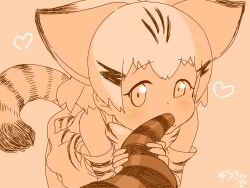  1girl animal_ears cat_ears cat_tail elbow_gloves gloves heart highres kemono_friends masuyama_ryou monochrome object_insertion oral sand_cat_(kemono_friends) snake_tail solo_focus tail tentacle_in_mouth tsuchinoko_(kemono_friends) 
