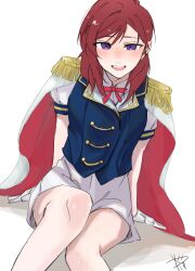  1girl blue_vest cape commentary_request epaulettes gloves highres love_live! love_live!_school_idol_project medium_hair nishikino_maki open_mouth red_hair shorts signature sitting solo surfacedxxc vest violet_eyes white_gloves white_shorts 