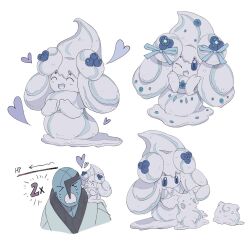  >_< 1girl :d alcremie alcremie_(berry_sweet) alcremie_(mint_cream) avocado_539 blue_eyes blue_flower blue_ribbon blue_skin blueberry blueberry_hair_ornament colored_skin dewlap flower food food-themed_creature food-themed_hair_ornament fruit full_body hair_ornament heart kiss long_hair looking_at_viewer multiple_views one_eye_closed open_mouth pokemon pokemon_(creature) pokemon_focus ribbon sawk simple_background smile solo_focus standing white_background white_hair 